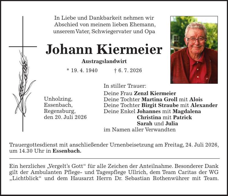 Traueranzeige Johann Kiermeier