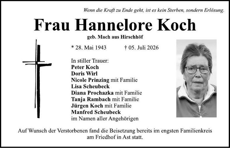 Traueranzeige Hannelore  Koch