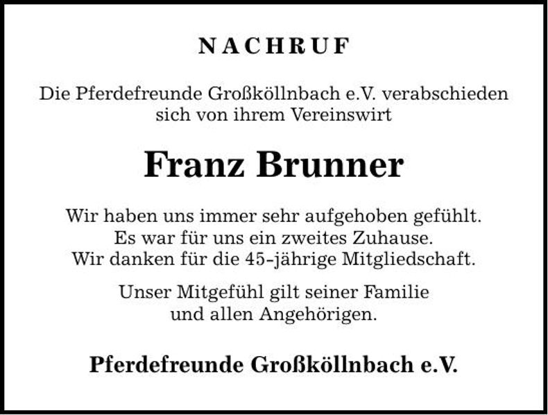 Traueranzeige Franz Brunner  