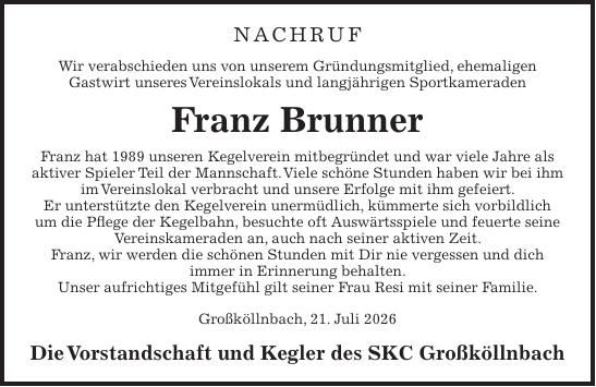 Traueranzeige Franz Brunner