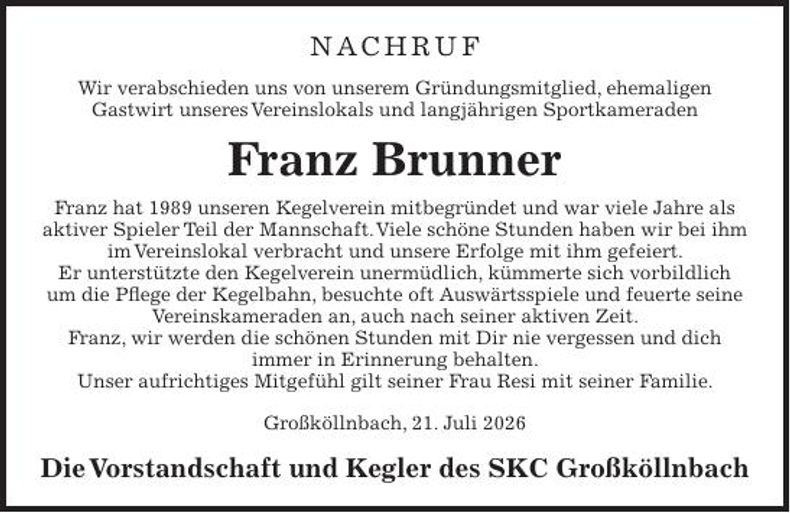 Traueranzeige Franz Brunner