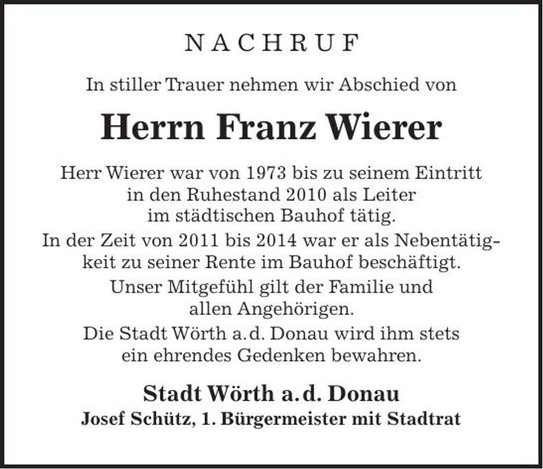 Traueranzeige Franz Wierer
