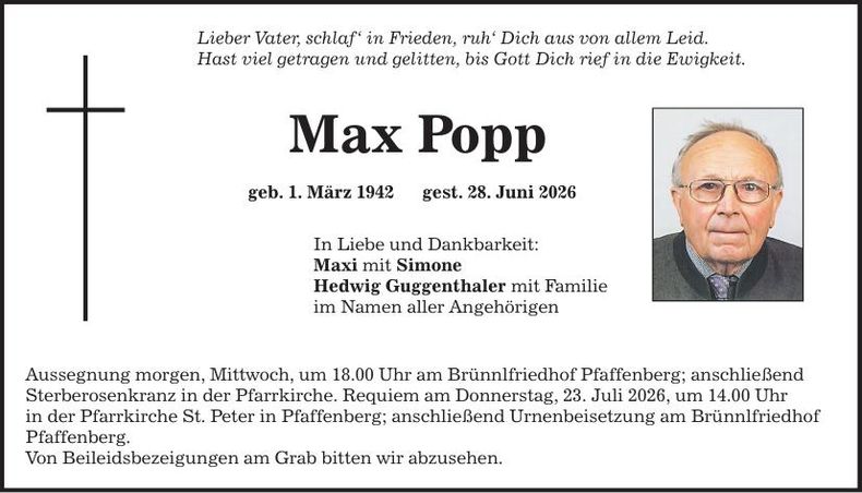 Traueranzeige Max Popp