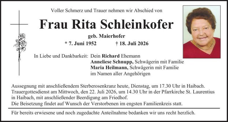 Traueranzeige Rita Schleinkofer