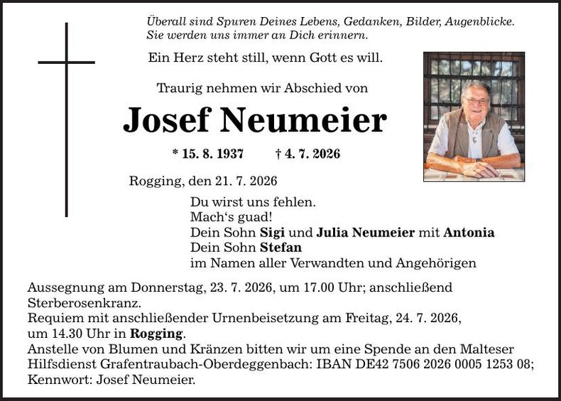Traueranzeige Josef Neumeier