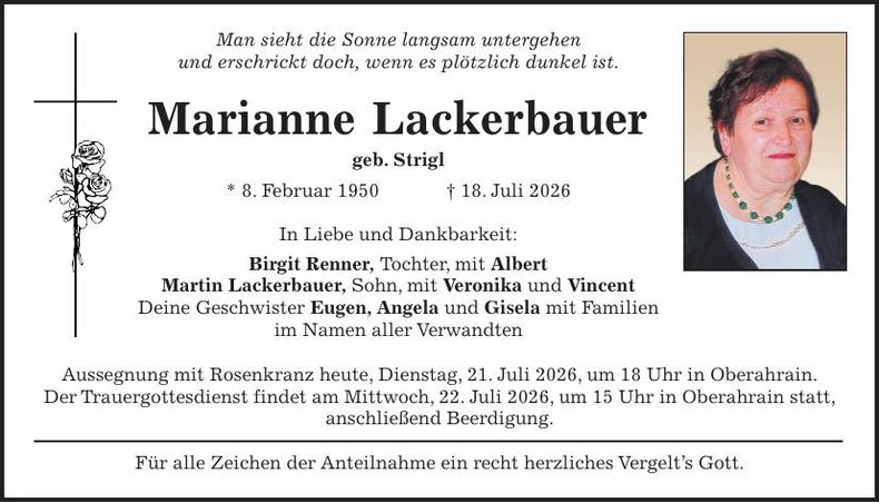 Traueranzeige Marianne Lackerbauer
