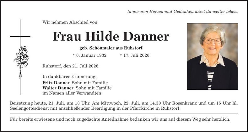 Traueranzeige Hilde Danner