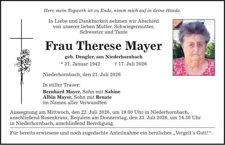 Traueranzeige Therese Mayer