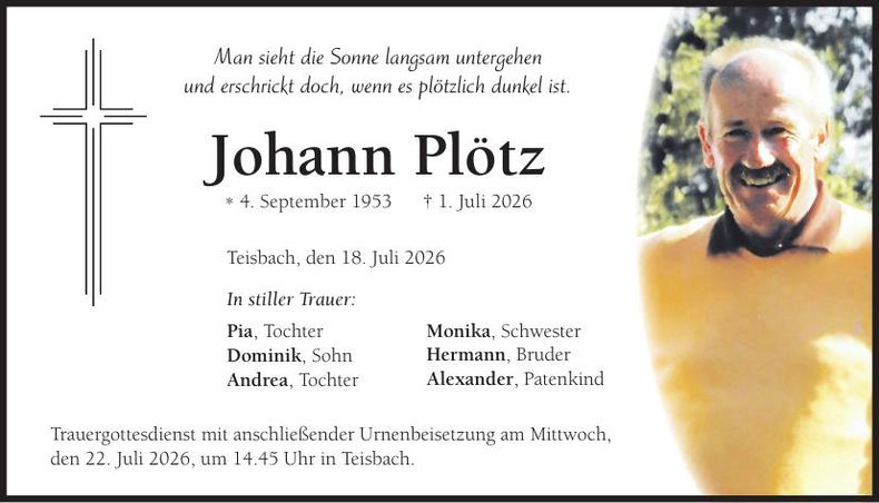 Traueranzeige Johann Plötz
