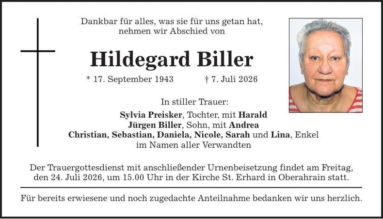 Traueranzeige Hildegard Biller
