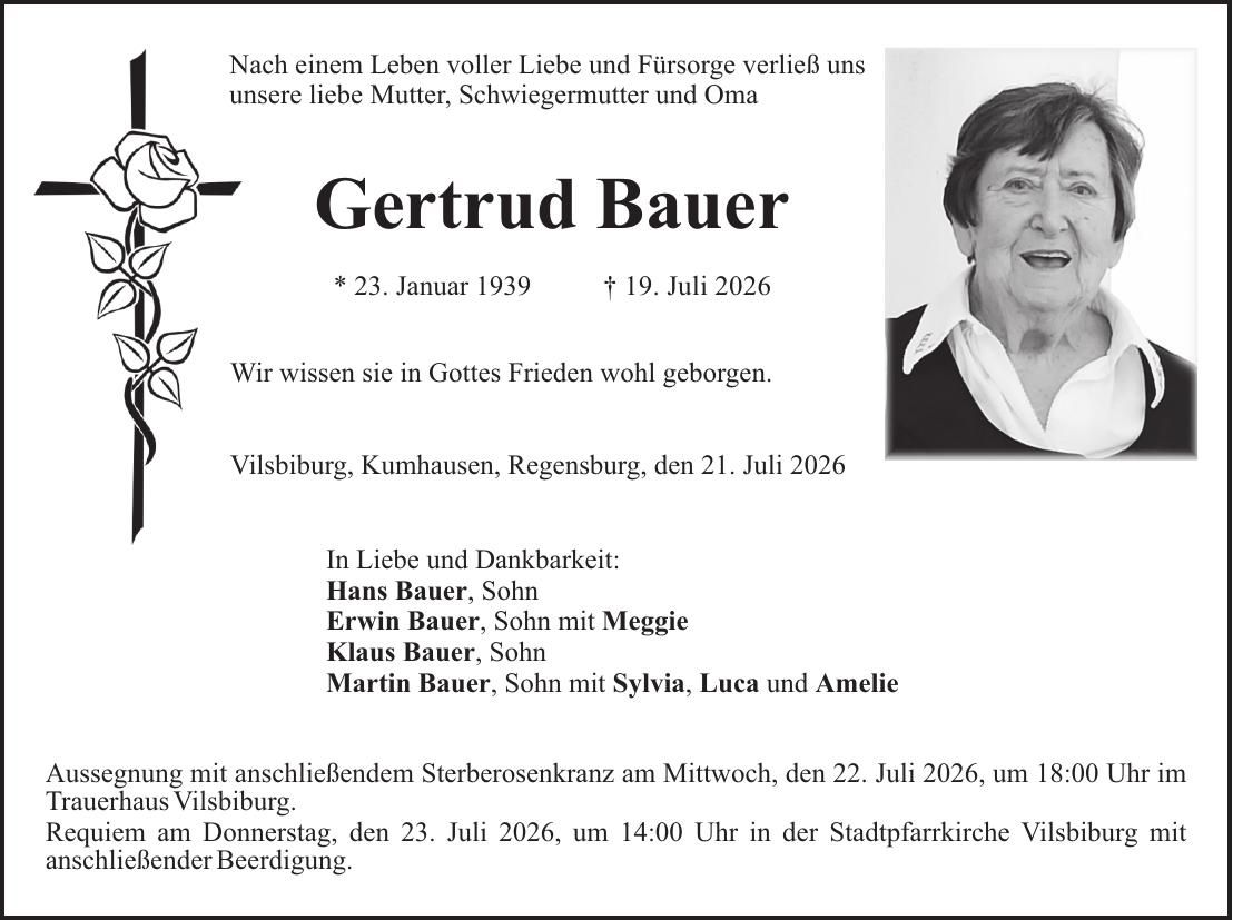 Traueranzeige Gertrud Bauer