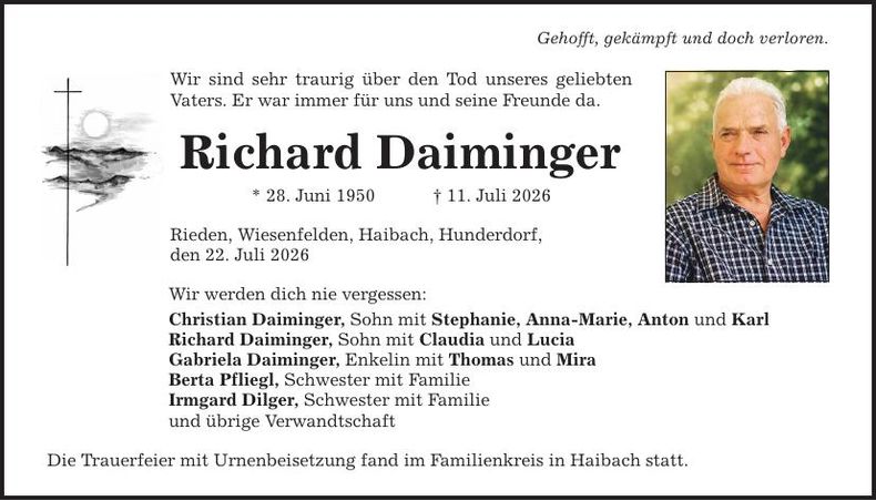 Traueranzeige Richard Daiminger