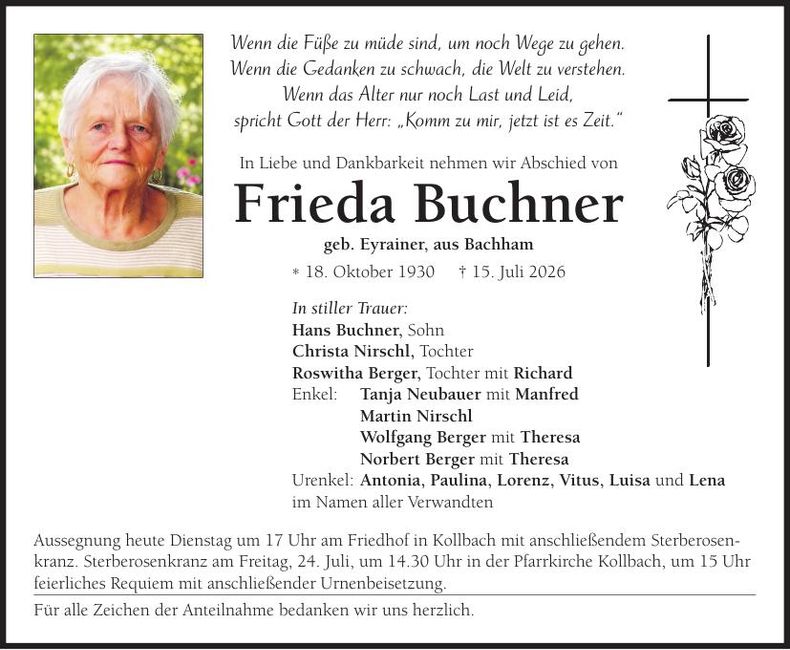Traueranzeige Frieda Buchner
