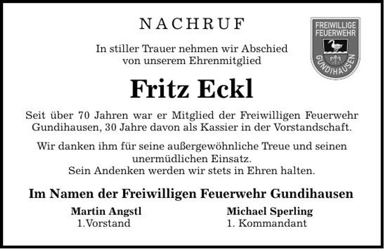 Traueranzeige Fritz Eckl