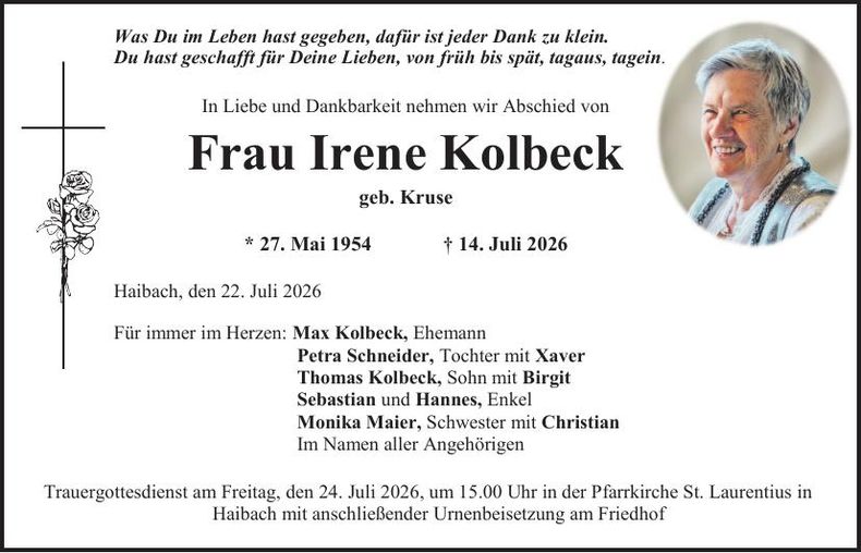 Traueranzeige Irene Kolbeck