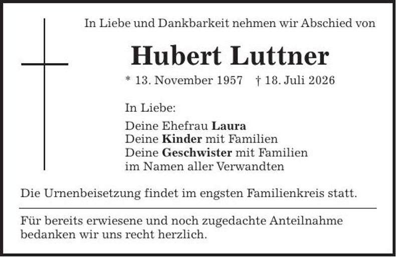 Traueranzeige Hubert Luttner
