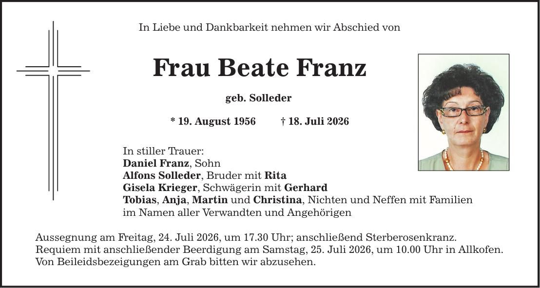 Traueranzeige Beate Franz