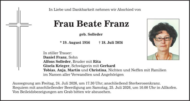 Traueranzeige Beate Franz
