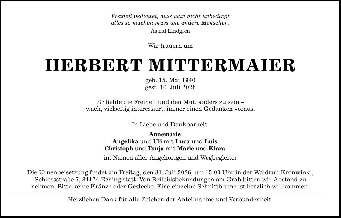 Traueranzeige Herbert Mittermaier