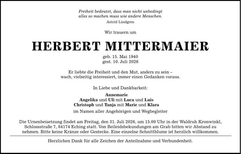 Traueranzeige Herbert Mittermaier