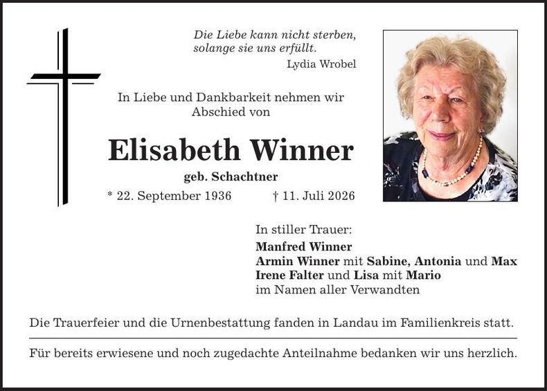 Traueranzeige Elisabeth Winner