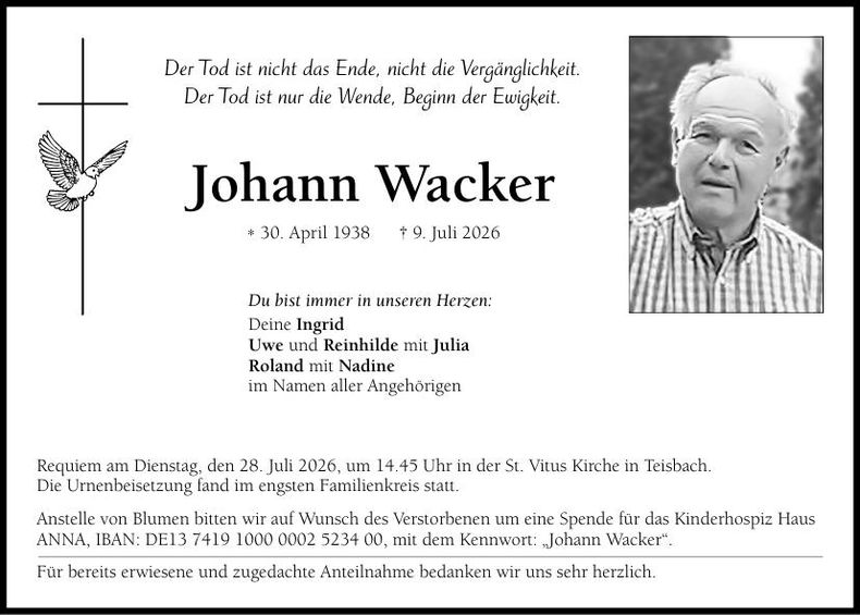 Traueranzeige Johann Wacker