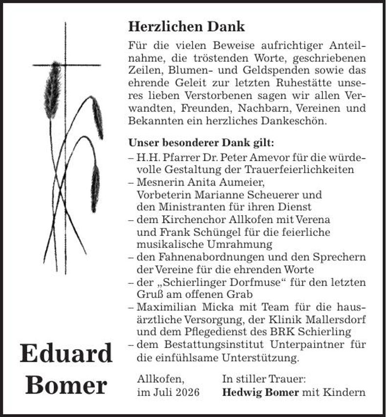 Traueranzeige Eduard Bomer 