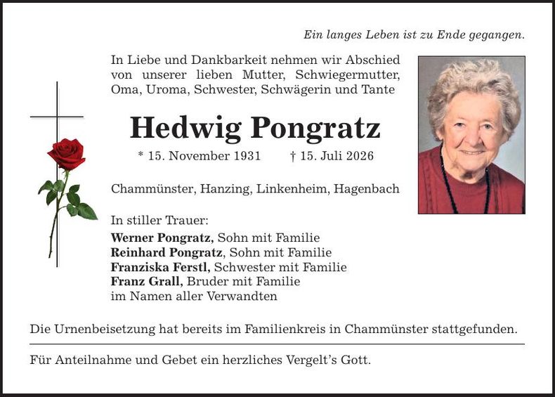 Traueranzeige Hedwig Pongratz