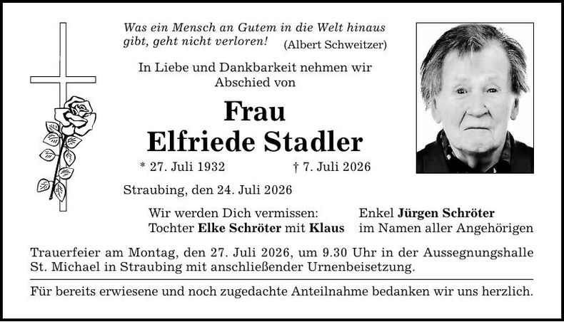 Traueranzeige Elfriede Stadler