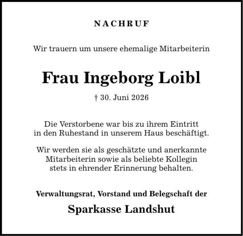 Traueranzeige Ingeborg Loibl