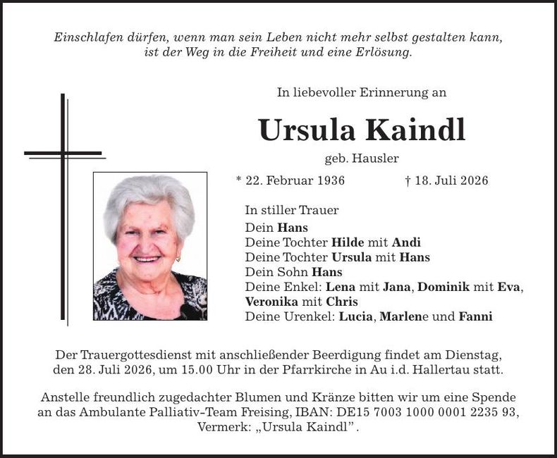 Traueranzeige Ursula Kaindl