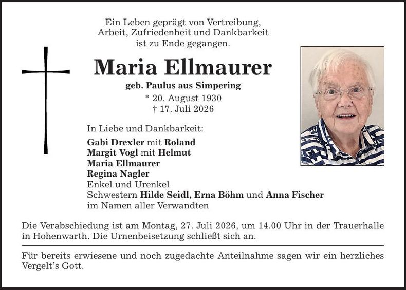 Traueranzeige Maria Ellmaurer