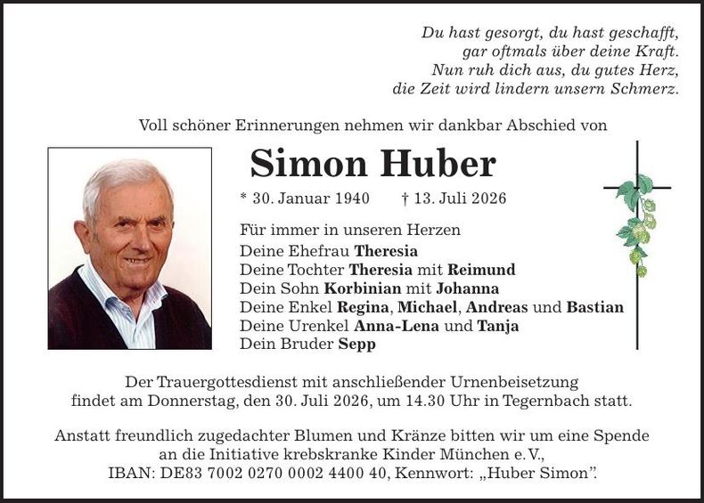 Traueranzeige Simon Huber