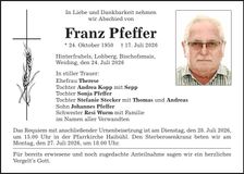 Traueranzeige Franz Pfeffer