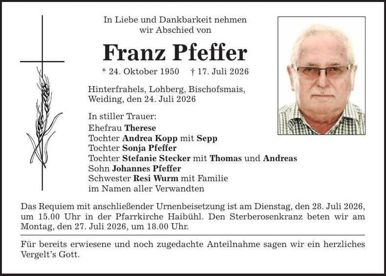 Traueranzeige Franz Pfeffer