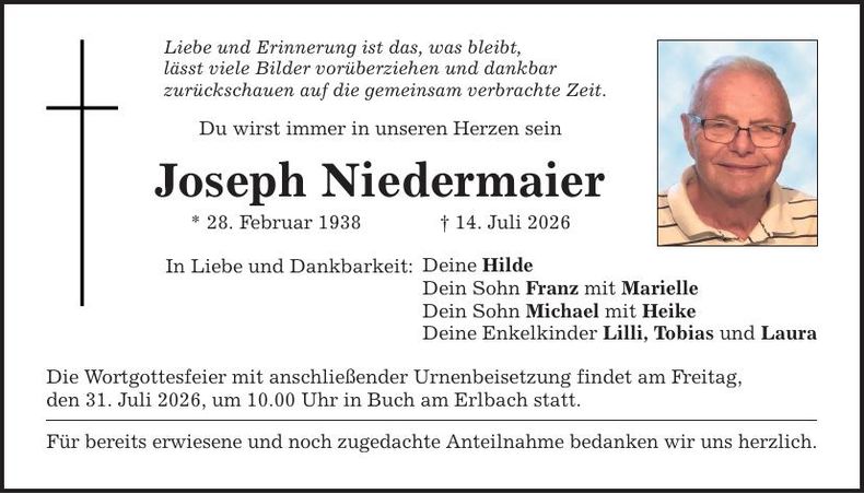 Traueranzeige Joseph Niedermaier