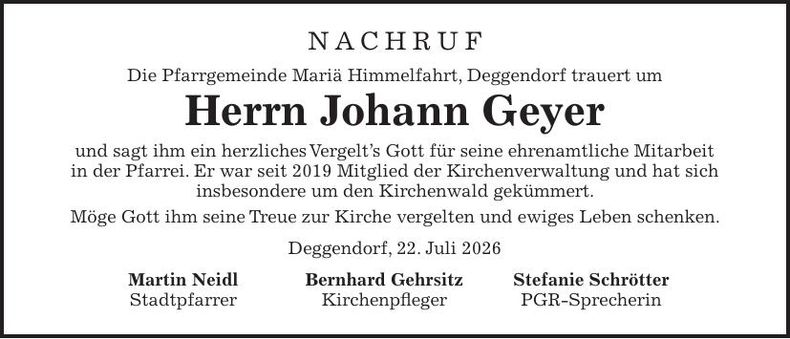Traueranzeige Johann Geyer
