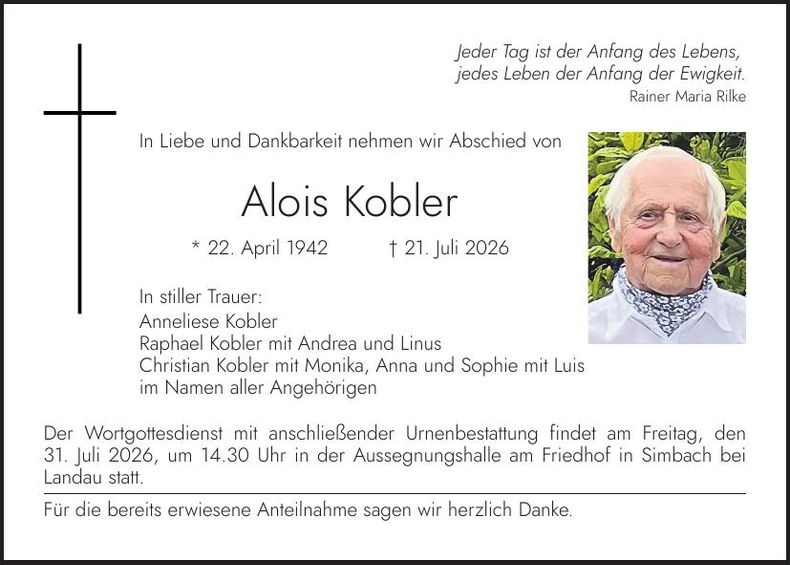 Traueranzeige Alois Kobler