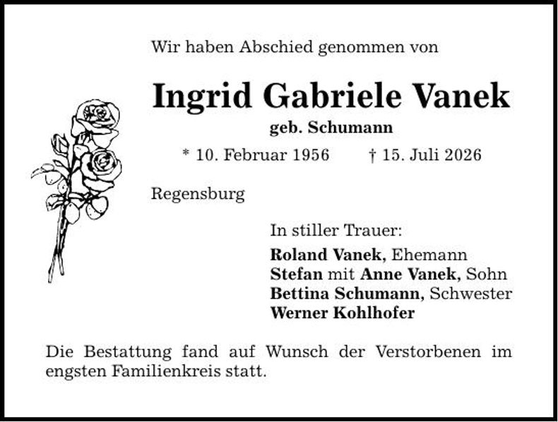 Traueranzeige Gabriele Vanek