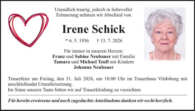 Traueranzeige Irene Schick