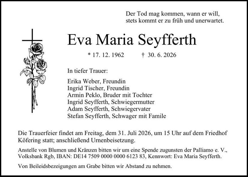 Traueranzeige Maria Seyfferth