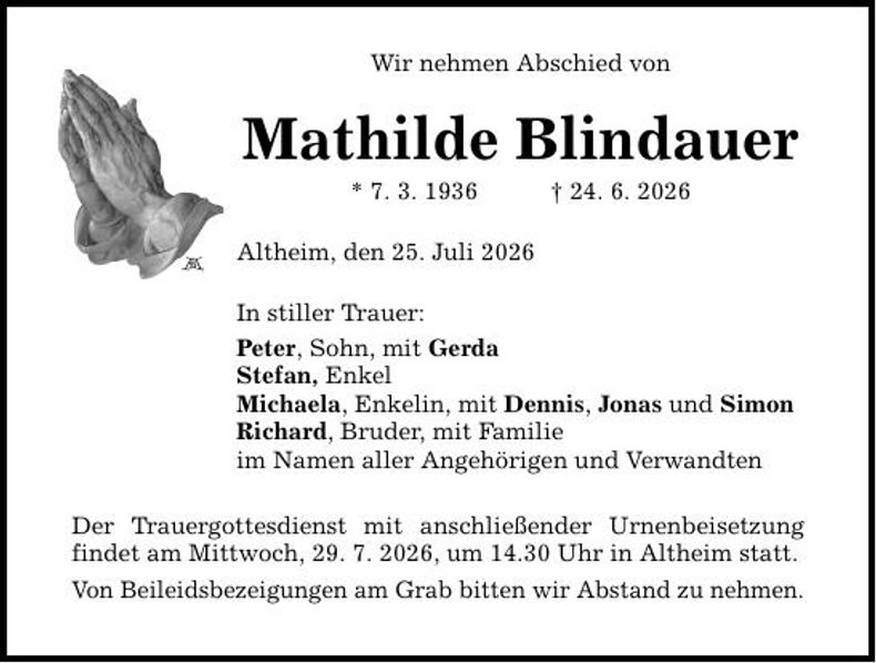 Traueranzeige Mathilde Blindauer