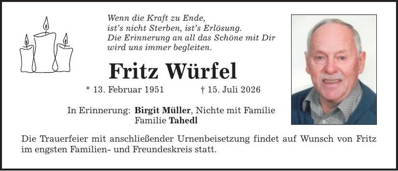 Traueranzeige Fritz Würfel
