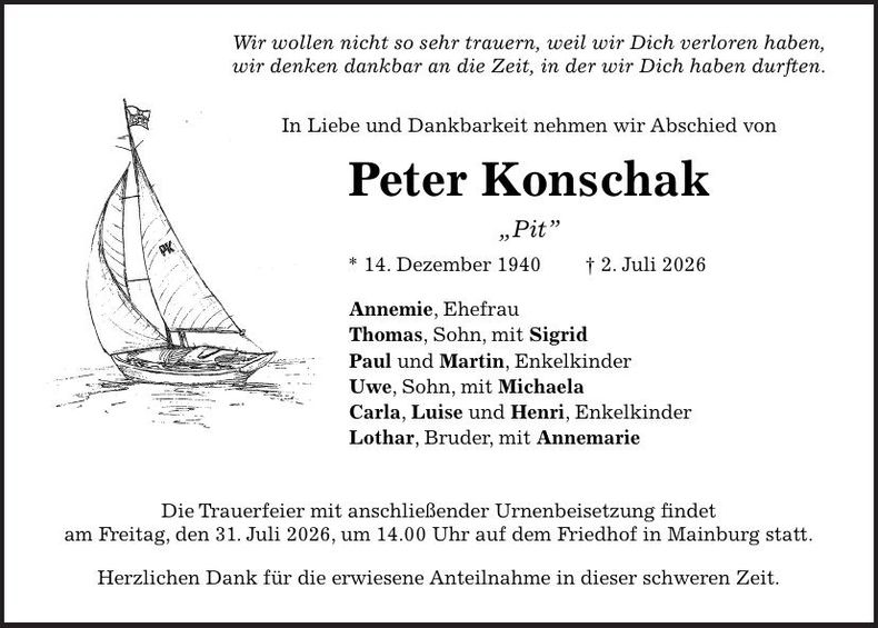 Traueranzeige Peter Konschak