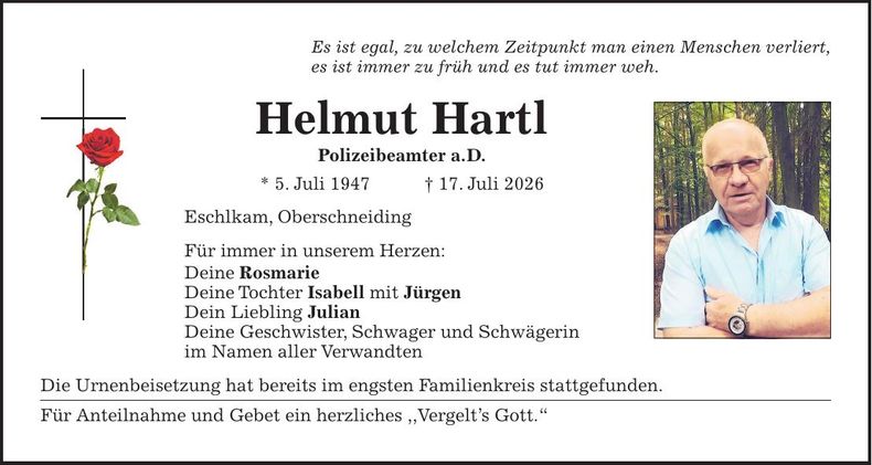 Traueranzeige Helmut Hartl