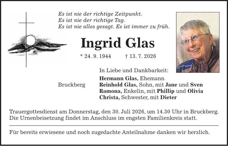 Traueranzeige Ingrid Glas
