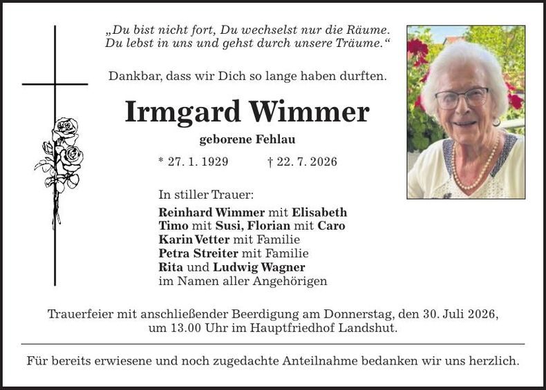 Traueranzeige Irmgard Wimmer