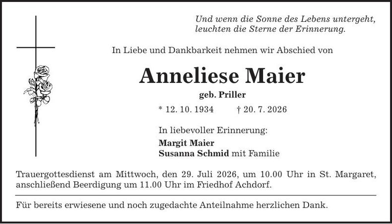 Traueranzeige Anneliese Maier