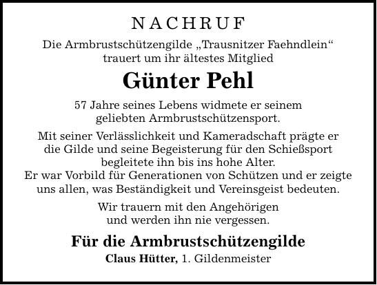 Traueranzeige Günter Pehl