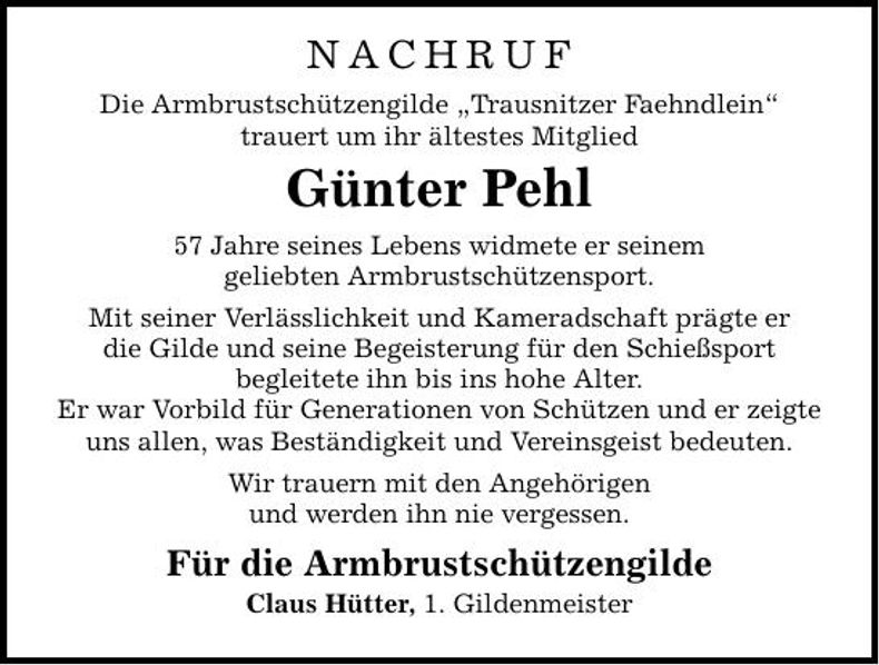 Traueranzeige Günter Pehl